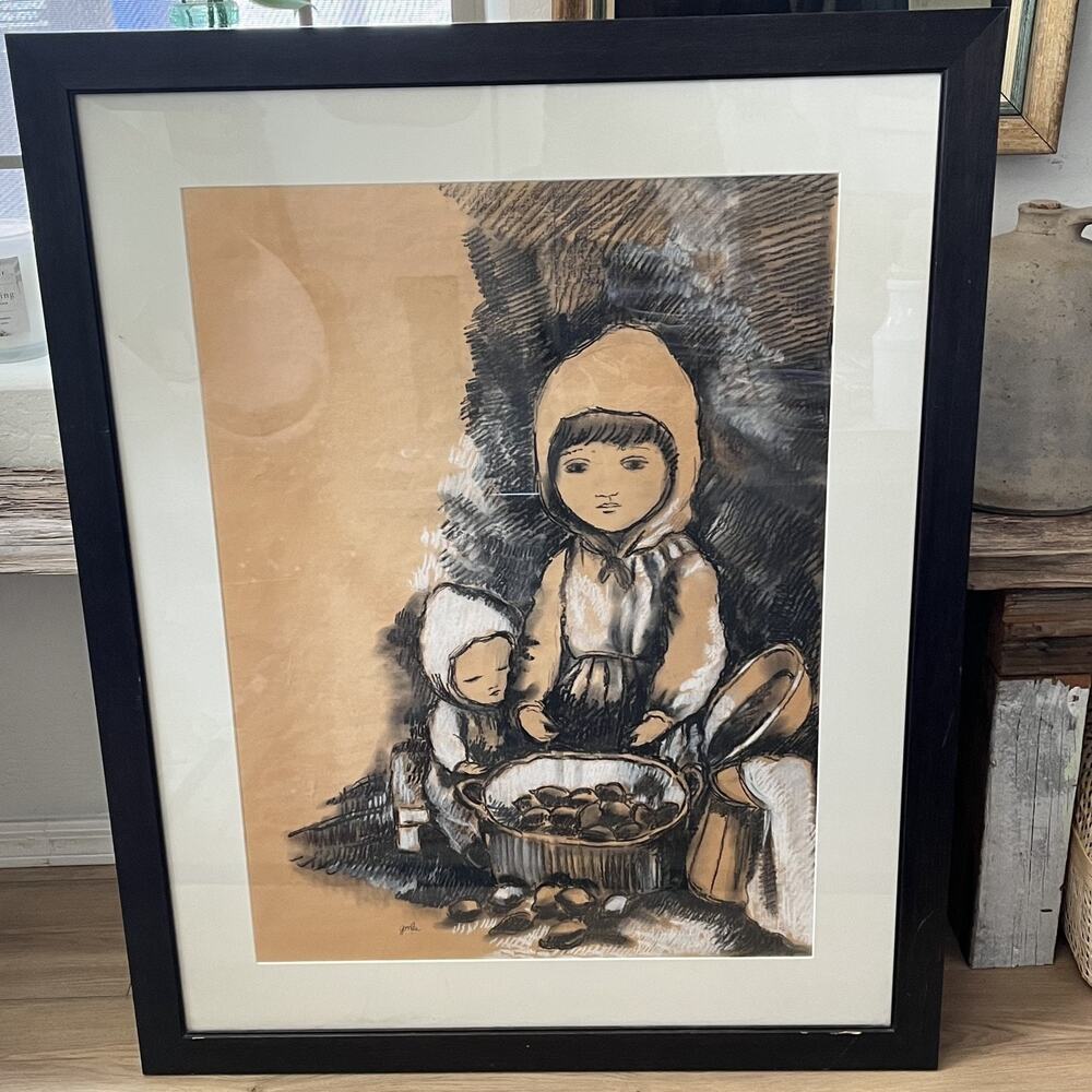 Framed Artwork Charcoal Painting Children Heavy Cross Hatching Signed Gorla